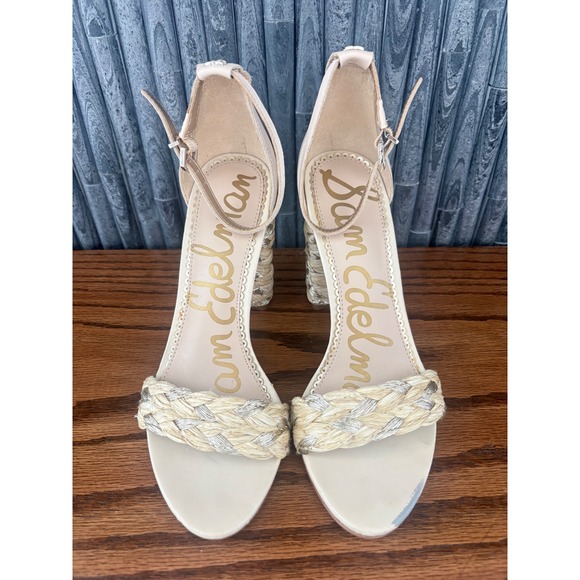 Sam Edelman Woven Raffia Block Heel Sandals Beige Metallic Silver Ankle Strap 7 - Picture 3 of 6